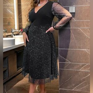 BloomChic black sparkle midi dress Sz 26 NEW sheer witchy stretch romantic